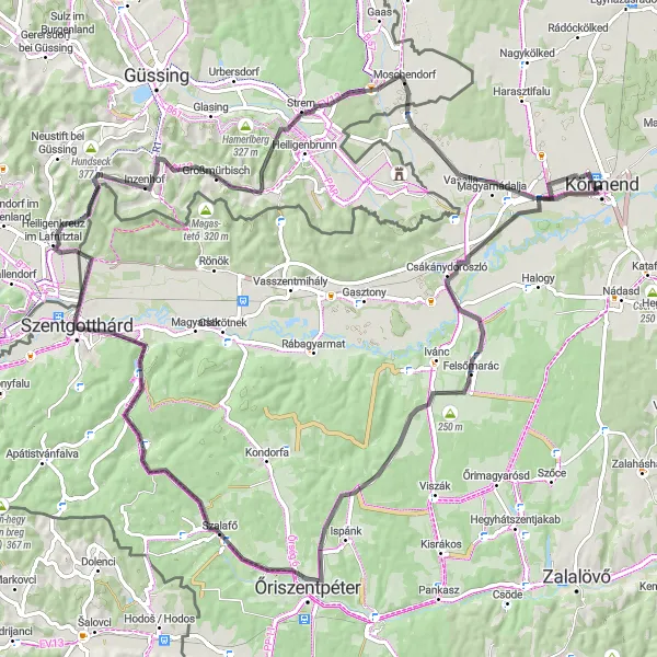 Map miniature of "Körmend - Felsőmarác - Szalafő - Szentgotthárd - Steinergipfel - Hütterische Häuser - Lahmberg - Szőlődomb - Körmend" cycling inspiration in Nyugat-Dunántúl, Hungary. Generated by Tarmacs.app cycling route planner