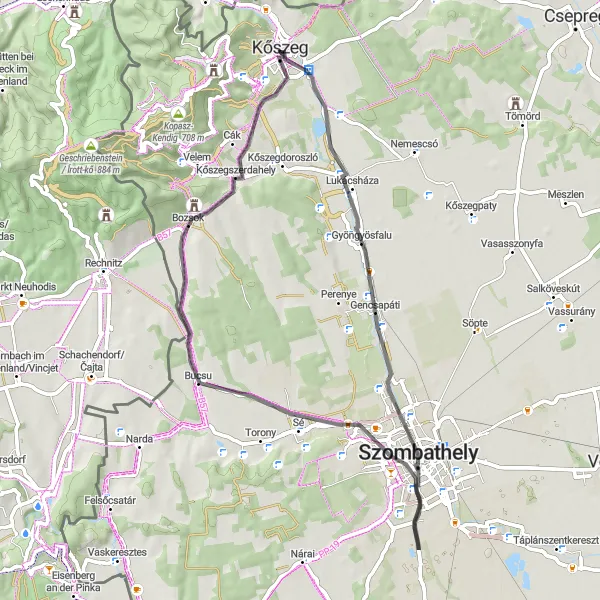 Map miniature of "Kőszeg and Szombathely Road Cycling Route" cycling inspiration in Nyugat-Dunántúl, Hungary. Generated by Tarmacs.app cycling route planner