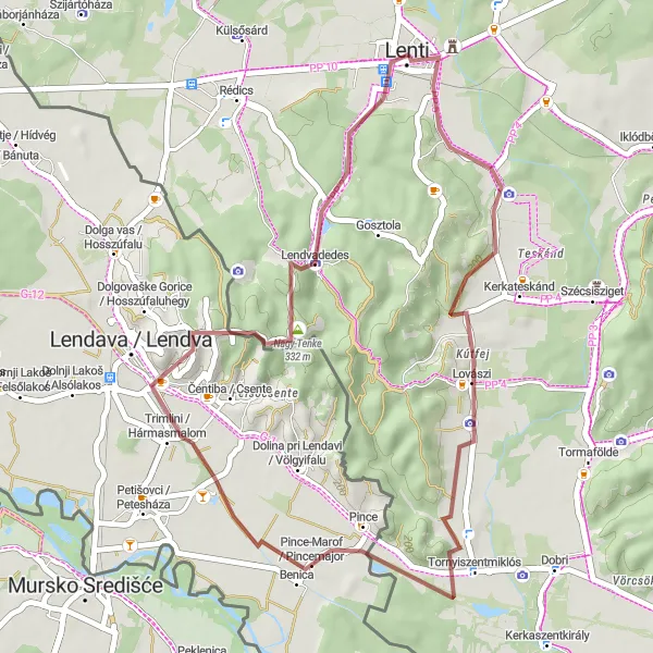 Map miniature of "Lenti to Lendavske Gorice / Lendvahegy Gravel Route" cycling inspiration in Nyugat-Dunántúl, Hungary. Generated by Tarmacs.app cycling route planner