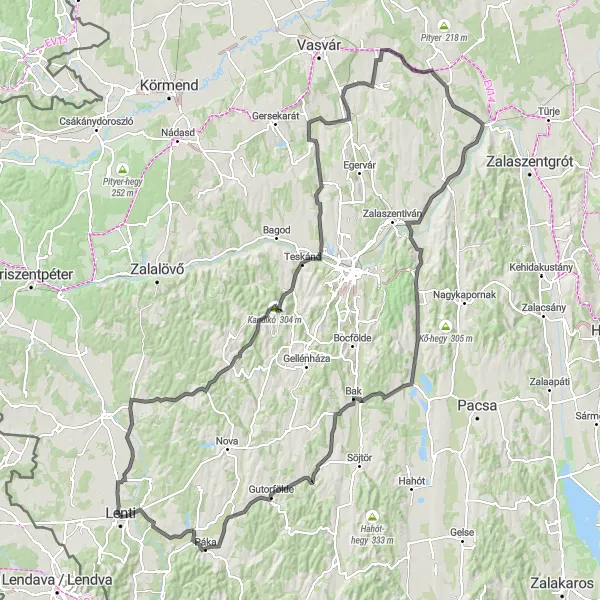 Map miniature of "Lenti - Becsvölgye - Kandikó - Petőmihályfa - Bérbaltavár - Búcsúszentlászló - Baktüttös - Kilátó - Páka Loop" cycling inspiration in Nyugat-Dunántúl, Hungary. Generated by Tarmacs.app cycling route planner