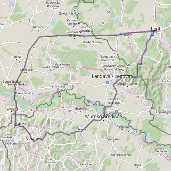 Map miniature of "Lenti to Rédics Road Route" cycling inspiration in Nyugat-Dunántúl, Hungary. Generated by Tarmacs.app cycling route planner