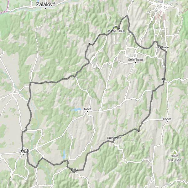 Map miniature of "Lenti to Helyi értékek háza Road Route" cycling inspiration in Nyugat-Dunántúl, Hungary. Generated by Tarmacs.app cycling route planner