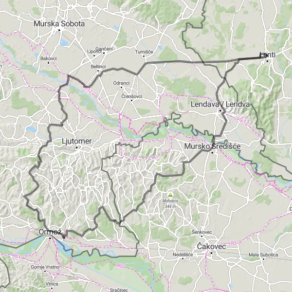 Map miniature of "Crossing Borders" cycling inspiration in Nyugat-Dunántúl, Hungary. Generated by Tarmacs.app cycling route planner