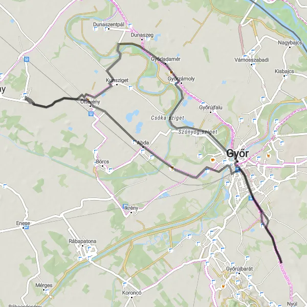 Map miniature of "Győr Adventure" cycling inspiration in Nyugat-Dunántúl, Hungary. Generated by Tarmacs.app cycling route planner