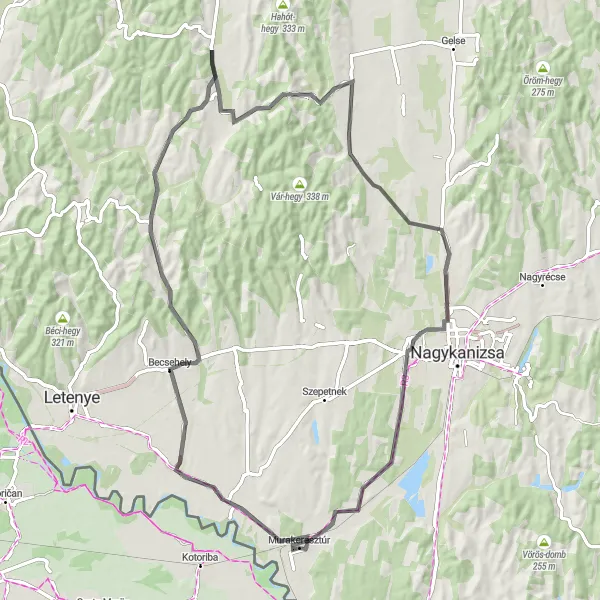 Map miniature of "Becsehely - Korpavár - Murakeresztúr" cycling inspiration in Nyugat-Dunántúl, Hungary. Generated by Tarmacs.app cycling route planner