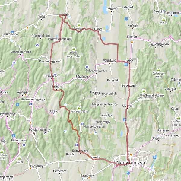 Map miniature of "Sormás and Gene-hegy Gravel Route" cycling inspiration in Nyugat-Dunántúl, Hungary. Generated by Tarmacs.app cycling route planner