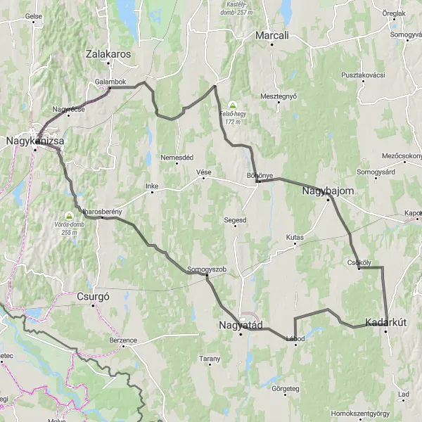 Map miniature of "Scenic Ride to Böhönye" cycling inspiration in Nyugat-Dunántúl, Hungary. Generated by Tarmacs.app cycling route planner