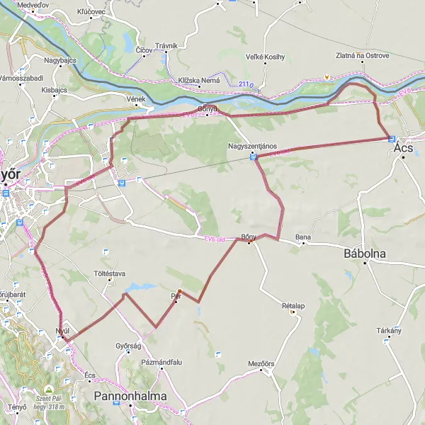 Map miniature of "Nyúl Gravel Route" cycling inspiration in Nyugat-Dunántúl, Hungary. Generated by Tarmacs.app cycling route planner