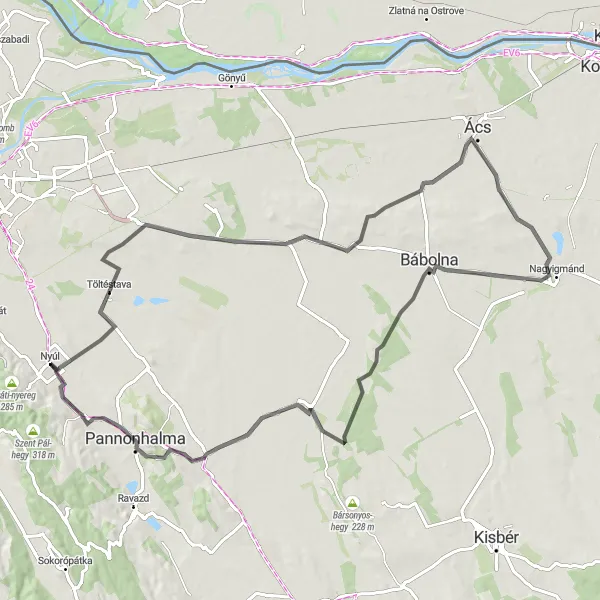 Map miniature of "Road to Bábolna" cycling inspiration in Nyugat-Dunántúl, Hungary. Generated by Tarmacs.app cycling route planner