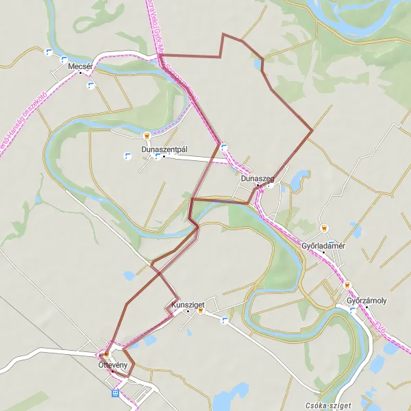 Map miniature of "Öttevény Gravel Loop" cycling inspiration in Nyugat-Dunántúl, Hungary. Generated by Tarmacs.app cycling route planner