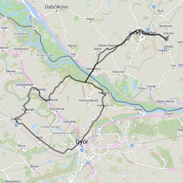 Map miniature of "Great Plain Road Tour" cycling inspiration in Nyugat-Dunántúl, Hungary. Generated by Tarmacs.app cycling route planner