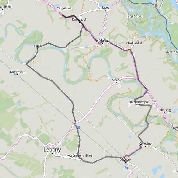 Map miniature of "Mosonszentmiklós Circuit" cycling inspiration in Nyugat-Dunántúl, Hungary. Generated by Tarmacs.app cycling route planner