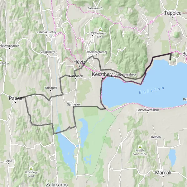 Map miniature of "Pacsa to Dióskál Round-trip" cycling inspiration in Nyugat-Dunántúl, Hungary. Generated by Tarmacs.app cycling route planner