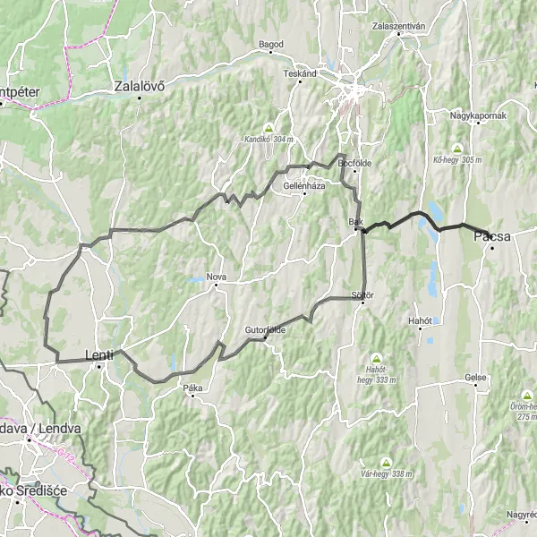 Map miniature of "Pacsa - Zalaszentmihály - Söjtör - Lenti - Kis-hegy - Sárhida - Pacsa" cycling inspiration in Nyugat-Dunántúl, Hungary. Generated by Tarmacs.app cycling route planner