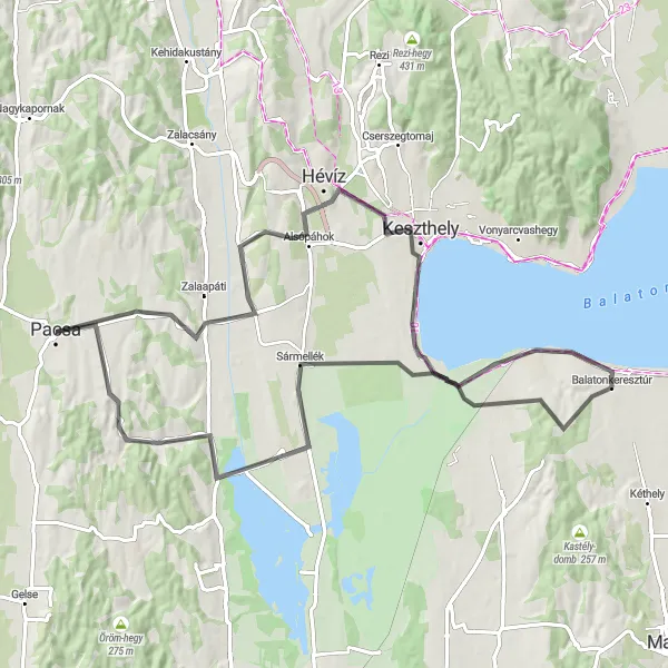 Map miniature of "Szentgyörgyvár - Közép-hegy - Balatonberény - Berényi-hegy - Balatonszentgyörgy - Sármellék - Dióskál Cycling Route" cycling inspiration in Nyugat-Dunántúl, Hungary. Generated by Tarmacs.app cycling route planner