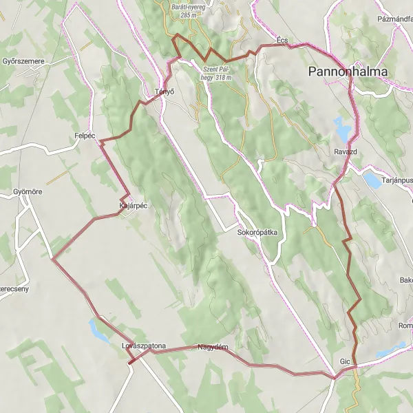 Map miniature of "Pannonhalma - Circle Gravel Tour" cycling inspiration in Nyugat-Dunántúl, Hungary. Generated by Tarmacs.app cycling route planner