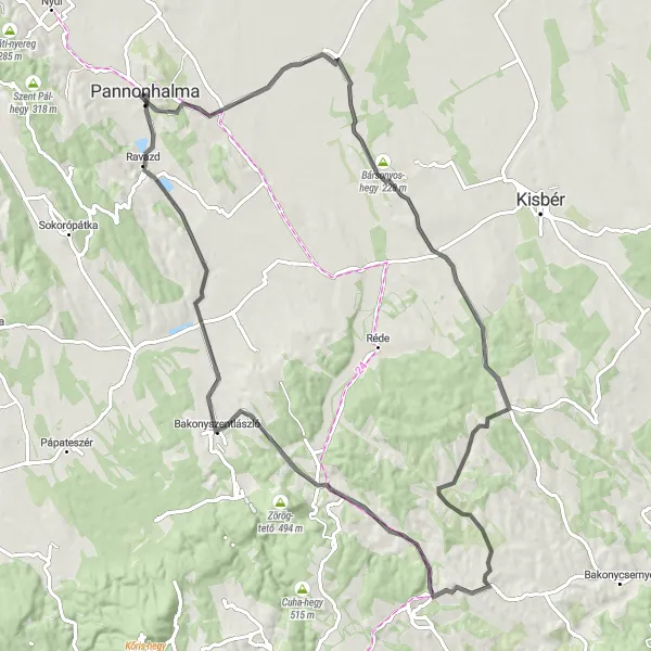 Map miniature of "Pannonhalma - Bakony Hills Road Trip" cycling inspiration in Nyugat-Dunántúl, Hungary. Generated by Tarmacs.app cycling route planner