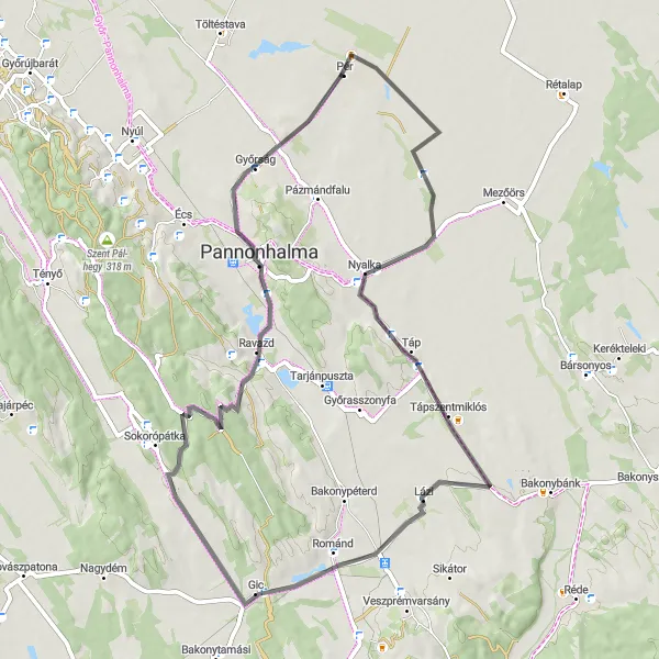 Map miniature of "Győrság and the Surrounding Villages" cycling inspiration in Nyugat-Dunántúl, Hungary. Generated by Tarmacs.app cycling route planner
