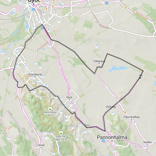 Map miniature of "Écs to Töltéstava Road Route" cycling inspiration in Nyugat-Dunántúl, Hungary. Generated by Tarmacs.app cycling route planner