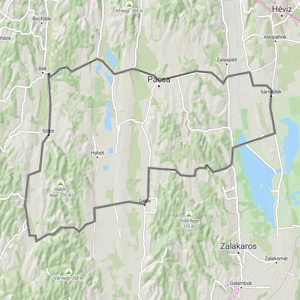 Map miniature of "Orosztony and Szentliszló Challenge" cycling inspiration in Nyugat-Dunántúl, Hungary. Generated by Tarmacs.app cycling route planner