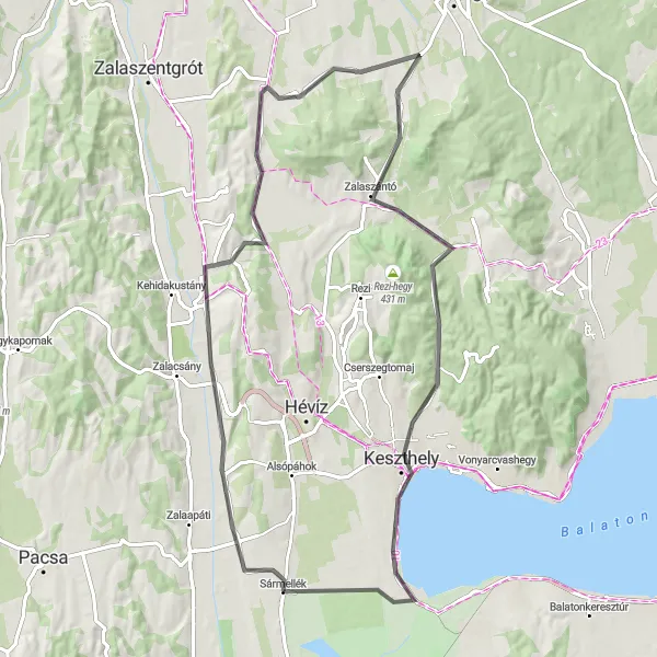 Map miniature of "Sármellék to Szentgyörgyvár Circular Road Route" cycling inspiration in Nyugat-Dunántúl, Hungary. Generated by Tarmacs.app cycling route planner