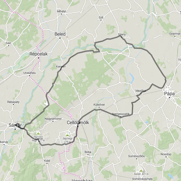 Map miniature of "The Szany Exploration" cycling inspiration in Nyugat-Dunántúl, Hungary. Generated by Tarmacs.app cycling route planner