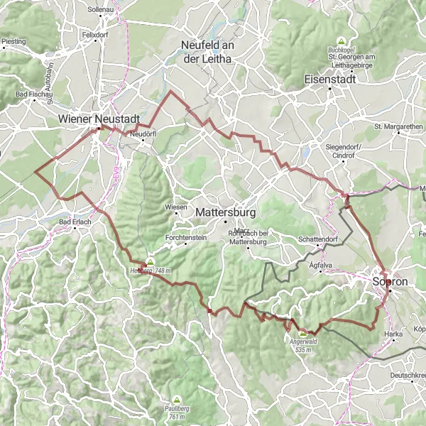 Map miniature of "Gravel Adventure: Sopron to Wiener Neustadt" cycling inspiration in Nyugat-Dunántúl, Hungary. Generated by Tarmacs.app cycling route planner
