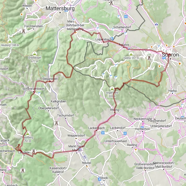 Map miniature of "Sopron - VOLT Festival - Muck - Lackenbach - Heidriegel - Sieggraben - Brenntenriegel - Loipersbach - Kutya-hegy - Sopron" cycling inspiration in Nyugat-Dunántúl, Hungary. Generated by Tarmacs.app cycling route planner