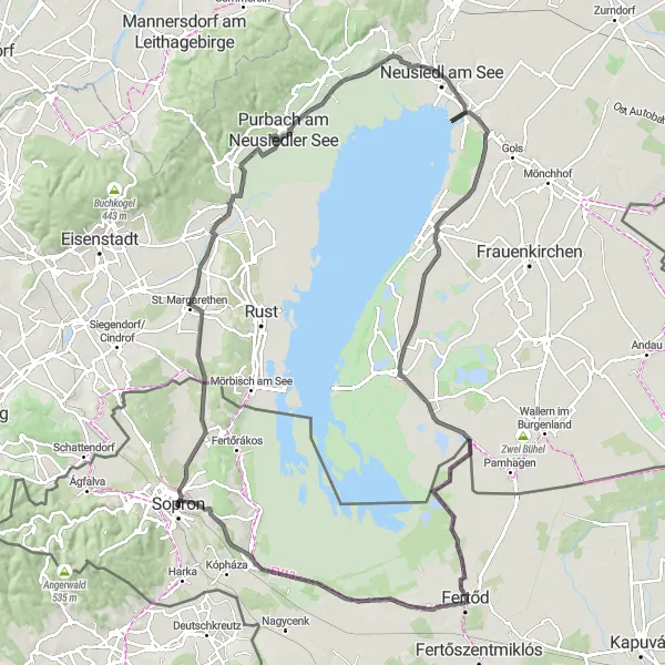 Map miniature of "Leitha Loop: Sopron to Purbach am Neusiedler See" cycling inspiration in Nyugat-Dunántúl, Hungary. Generated by Tarmacs.app cycling route planner