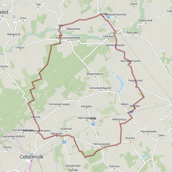 Map miniature of "Szany - Nemesszalók - Mersevát - Vág - Püspöki kastély Gravel Route" cycling inspiration in Nyugat-Dunántúl, Hungary. Generated by Tarmacs.app cycling route planner