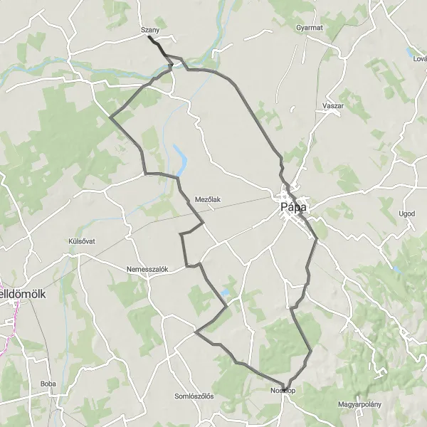 Map miniature of "Szany - Pápa - Nyárád - Kemeneshőgyész - Várkesző Road Route" cycling inspiration in Nyugat-Dunántúl, Hungary. Generated by Tarmacs.app cycling route planner