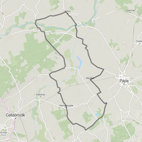 Map miniature of "Szany - Dabrony - Vinár - Kemeneshőgyész - Püspöki kastély Road Route" cycling inspiration in Nyugat-Dunántúl, Hungary. Generated by Tarmacs.app cycling route planner