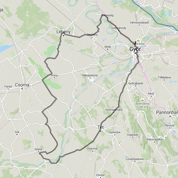 Map miniature of "Szany - Egyed - Fehértó - Lébény - Győrladamér - Gyor - Világosvár - Tét - Szany" cycling inspiration in Nyugat-Dunántúl, Hungary. Generated by Tarmacs.app cycling route planner