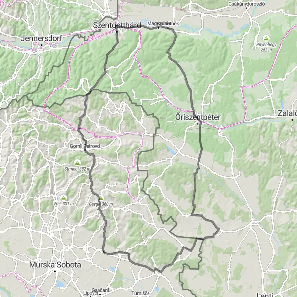 Map miniature of "Szentgotthárd - Kondorfa - Öreg hegy - Kobilje - Vršič - Gavge - Gornji Petrovci - Katalin-hegy / Katin breg (Verica) - Apátistvánfalva Cycling Route" cycling inspiration in Nyugat-Dunántúl, Hungary. Generated by Tarmacs.app cycling route planner