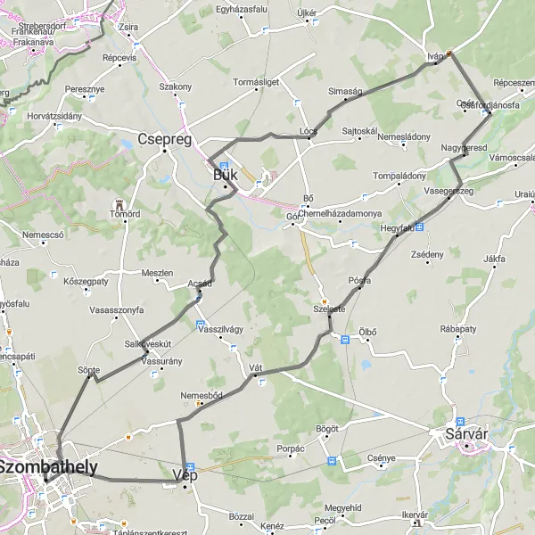 Map miniature of "Bük and Vasegerszeg Grand Loop" cycling inspiration in Nyugat-Dunántúl, Hungary. Generated by Tarmacs.app cycling route planner