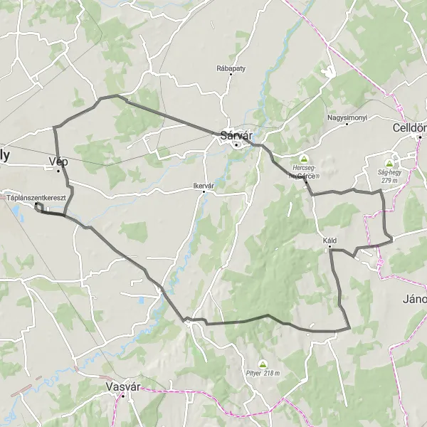 Map miniature of "Vát - Gérce - Vashosszúfalu - Kecske-hegy - Csempeszkopács - Táplánfa Road Route" cycling inspiration in Nyugat-Dunántúl, Hungary. Generated by Tarmacs.app cycling route planner
