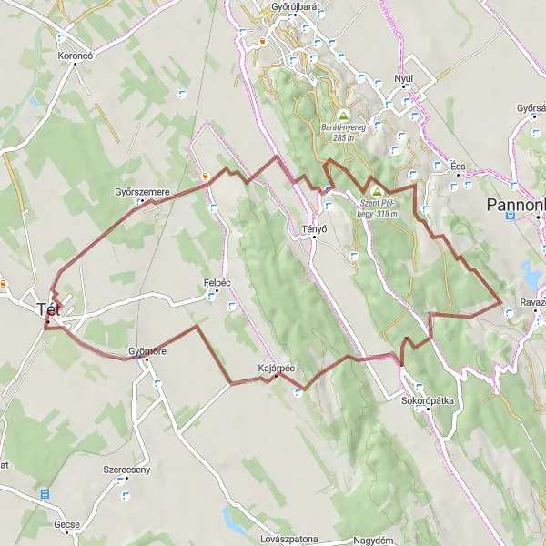 Map miniature of "Gravel Adventure to Nyúli-hegy" cycling inspiration in Nyugat-Dunántúl, Hungary. Generated by Tarmacs.app cycling route planner