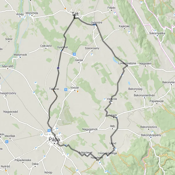 Map miniature of "Tét - Takácsi Scenic Road Cycling Tour" cycling inspiration in Nyugat-Dunántúl, Hungary. Generated by Tarmacs.app cycling route planner