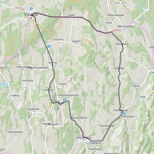 Map miniature of "Vasvár Road Circuit" cycling inspiration in Nyugat-Dunántúl, Hungary. Generated by Tarmacs.app cycling route planner