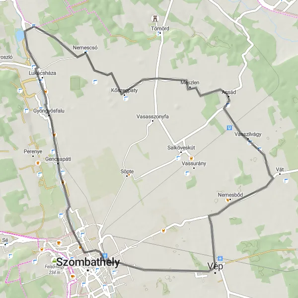 Map miniature of "Kámon round-trip" cycling inspiration in Nyugat-Dunántúl, Hungary. Generated by Tarmacs.app cycling route planner