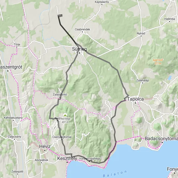 Map miniature of "Vonyarcvashegy Loop" cycling inspiration in Nyugat-Dunántúl, Hungary. Generated by Tarmacs.app cycling route planner