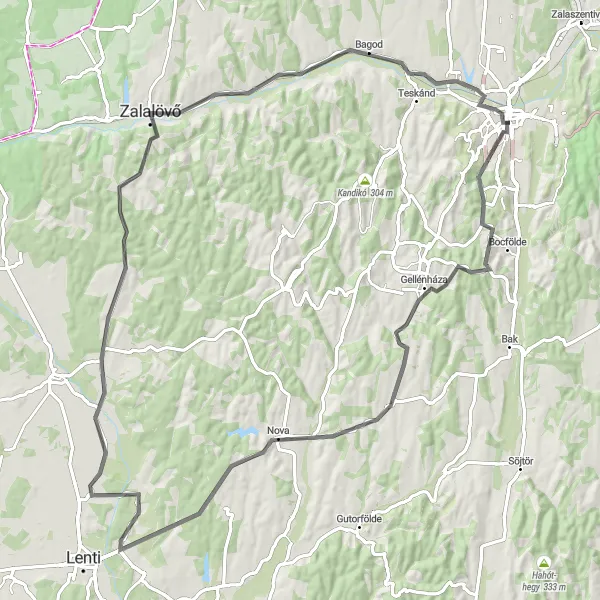 Map miniature of "Zalaegerszeg to Neszele Circular Road Route" cycling inspiration in Nyugat-Dunántúl, Hungary. Generated by Tarmacs.app cycling route planner