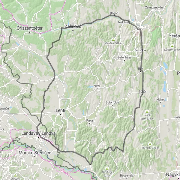 Map miniature of "Zalaegerszeg Extended Cycling Adventure" cycling inspiration in Nyugat-Dunántúl, Hungary. Generated by Tarmacs.app cycling route planner