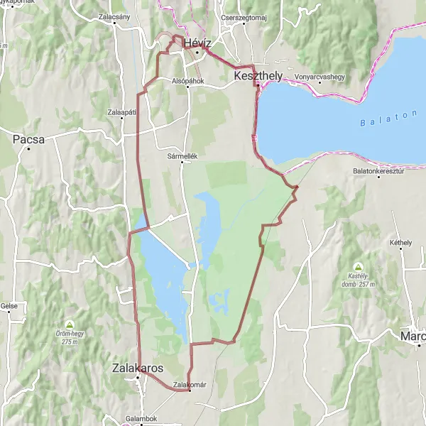 Map miniature of "Zalavár-Hévíz Gravel Adventure" cycling inspiration in Nyugat-Dunántúl, Hungary. Generated by Tarmacs.app cycling route planner