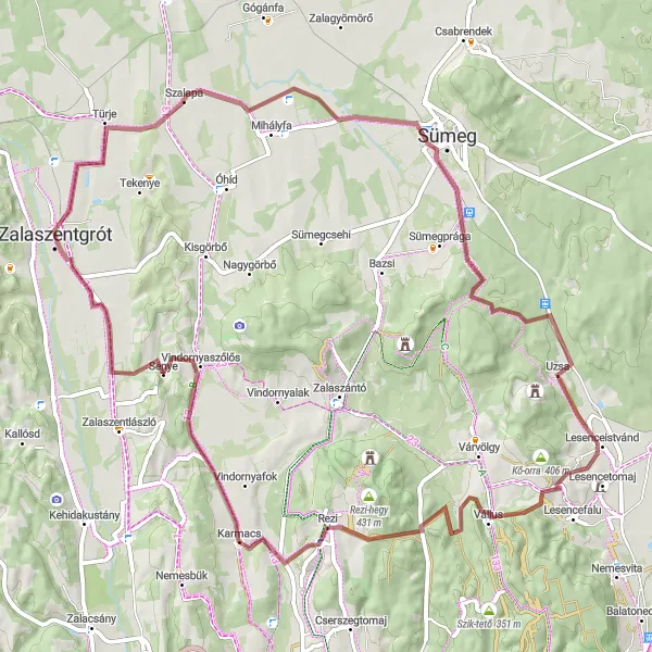 Map miniature of "Gravel Adventure: Zalaszentgrót - Kisvásárhely - Uzsa - Csócsa-hegy - Karmacs - Sénye - Kisszentgróti Romtorony - Zalaszentgrót" cycling inspiration in Nyugat-Dunántúl, Hungary. Generated by Tarmacs.app cycling route planner
