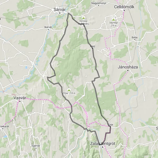 Map miniature of "Zalaszentgrót - Zalabér - Sótony - Káld - Türje" cycling inspiration in Nyugat-Dunántúl, Hungary. Generated by Tarmacs.app cycling route planner