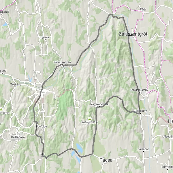 Map miniature of "Zalaszentgrót - Látó hegy - Kehidakustány - Zalaszentmihály - Bak - Zalaszentiván - Zalabér - Zalaszentgrót" cycling inspiration in Nyugat-Dunántúl, Hungary. Generated by Tarmacs.app cycling route planner
