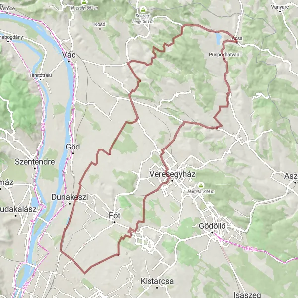 Map miniature of "Gravel Adventure in Pest County" cycling inspiration in Pest, Hungary. Generated by Tarmacs.app cycling route planner