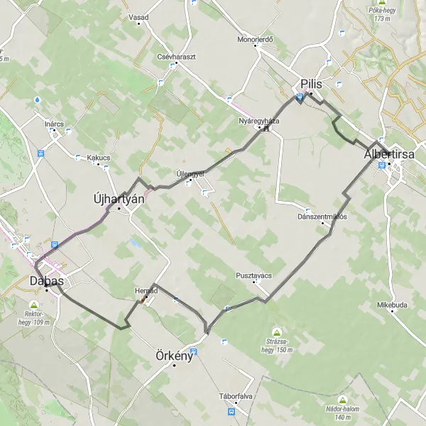 Map miniature of "Dabas and Újhartyán Circuit" cycling inspiration in Pest, Hungary. Generated by Tarmacs.app cycling route planner