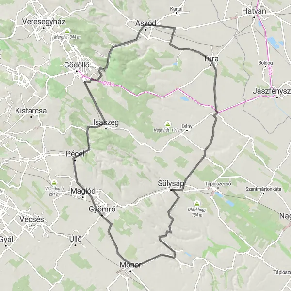 Map miniature of "Aszód-Máriabesnyő Road" cycling inspiration in Pest, Hungary. Generated by Tarmacs.app cycling route planner